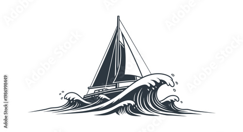 Sailing Through Crashing Ocean Waves Nautical Vector Illustration
