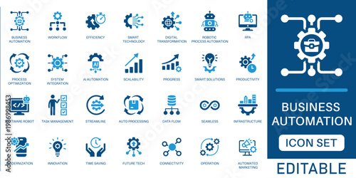 Business automation icon set. featuring workflow, efficiency, robotic process, RPA, smart technology, and system integration in blue flat design.