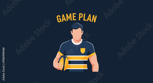 Rugby Athlete Holding Ball With Game Plan Text Above Him