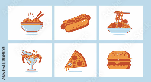 Delicious food icons noodles hotdog spaghetti shrimp pizza burger vector set