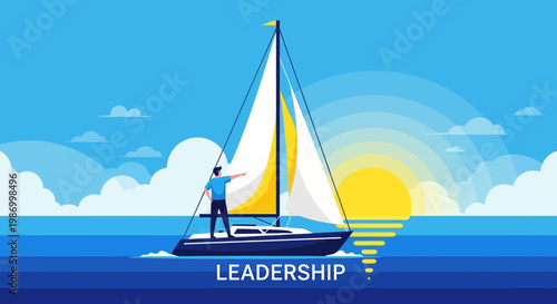 Sailing Towards Success A Lone Captain Navigates The Open Sea Under A Vibrant Sunrise