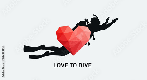 Scuba Diver Silhouette Embracing a Polygonal Heart Emblem