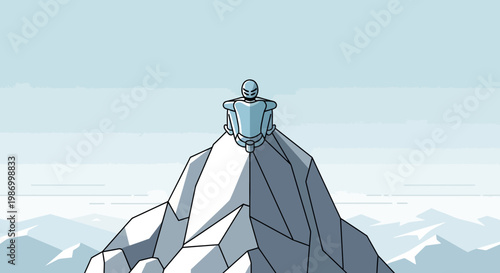 Serene Robot Meditating Atop Snowy Mountain Peak