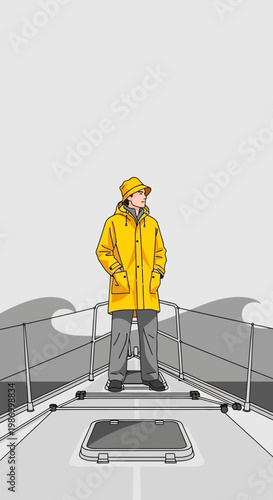 Seafarer Standing Atop Boat Amidst Stylized Waves Facing Forward