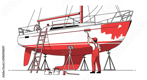 Seaman Revitalizing A Sailboat Hull With Fresh Red Paint