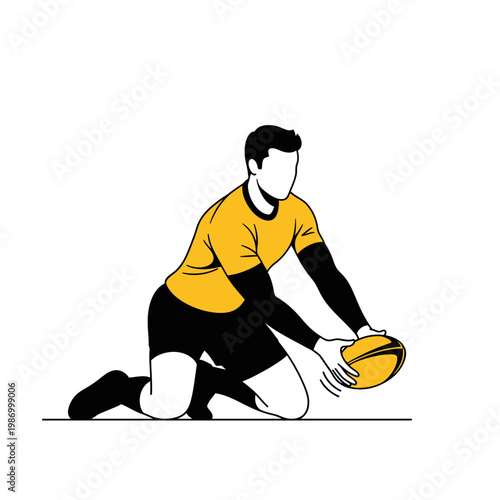 Rugby Player Kneeling Ready To Ground The Ball In A Game