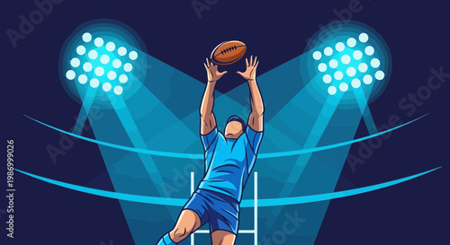 Rugby Player Leaping To Catch Ball Under Stadium Lights