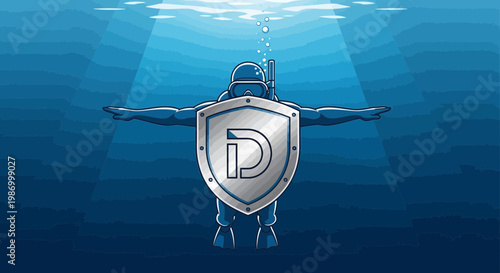 Secure Diver With Shield In Deep Blue Ocean Waters