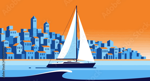 Serene Sailboat Gliding Past Coastal Town Under Vibrant Sunset Sky