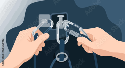 Secure Connection Action With Carabiners And Anchor Points