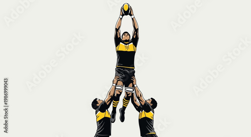 Rugby Player Leaps High For Ball Supported By Teammates