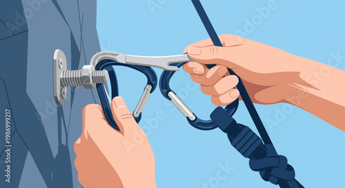 Securing Climbing Rope To Anchor Bolt On Rock Wall