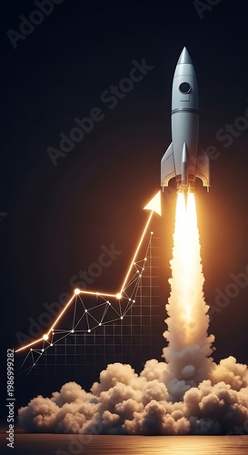 Rocket launch with upward growth chart trajectory in dark background