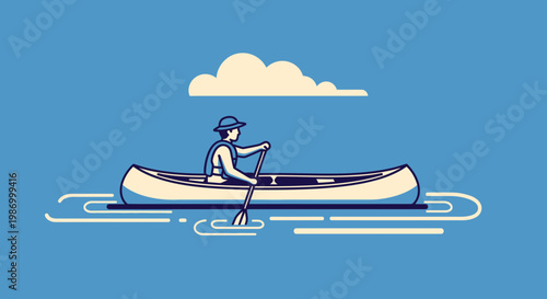 Serene Canoe Journey Across Calm Waters Under a Fluffy Cloud