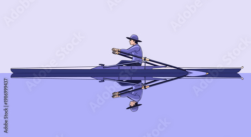 Serene Solo Rowing Journey on Calm Water With Reflection