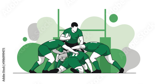 Rugby Team In Intense Scrum During Game Action