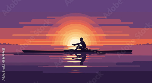 Serene Sunset Rowboat Voyage Across Calm Water Reflections