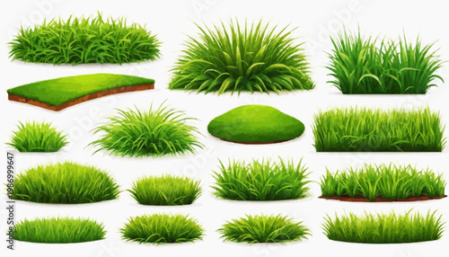 Lush green grass patches vector set, isolated on white background.
 