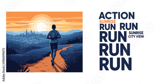Runner Ascends Path Towards City Skyline During Vibrant Sunrise Over Misty Mountains