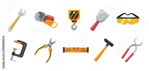 Handyman repair tools icons set, construction equipment tools collection, isolated flat design vector illustration of essential construction and maintenance items for industry use