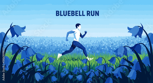 Runner In Bluebell Field Athletic Activity Amidst Spring Blooms Vibrant Movement