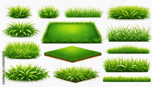 Lush green grass patches vector set, isolated on white background.
 