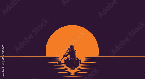 Serene Canoeing Adventure Towards a Fiery Sunset Over Calm Waters