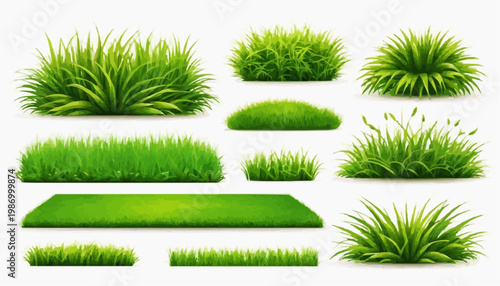 Lush green grass patches vector set, isolated on white background.
 
