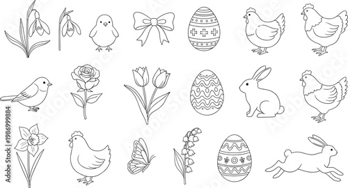 A charming collection of hand drawn easter elements including chicks bunnies flowers and decorated eggs on a white background high quality professional detailed