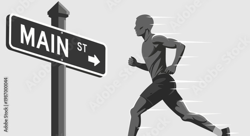 Runner Races Towards Directional Sign Showing Main Street