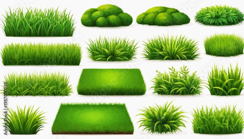 Lush green grass patches vector set, isolated on white background.
 