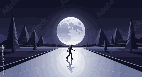 Serene Ice Skating Under A Giant Full Moon