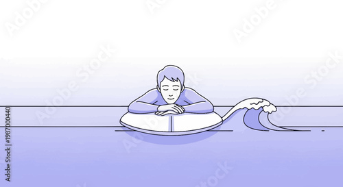 Serene Individual Resting on Surfboard Amidst Calm Ocean Waves