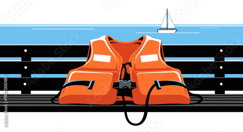Safety First On The Water Orange Life Vest On A Pier With Sailboat