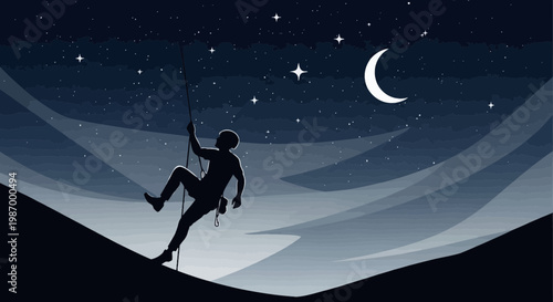Silhouette Climber Ascending Mountain Under Starry Night Sky With Crescent Moon