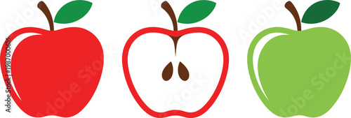 Set of fresh red and green apple vector icons including a whole fruit and a sliced half with seeds isolated on white background.