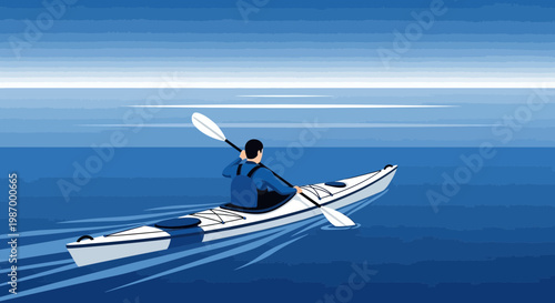 Serene Kayaker Gliding Through Vast Blue Waters Under A Calm Sky