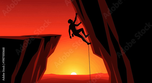 Silhouette Climber Ascending Rugged Cliff Face Against Fiery Sunset Sky