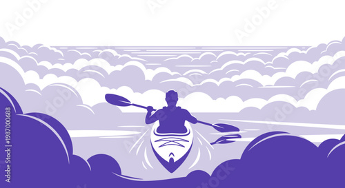 Serene Kayaker Navigates Purple Haze Of Abstract Clouds And Water