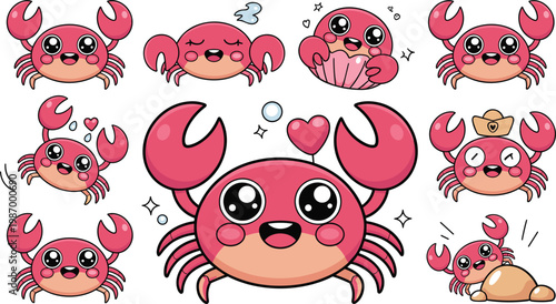 Cute Kawaii Crab Character Sticker Set with Various Expressions and Poses for Ocean and Kids Sticker Design