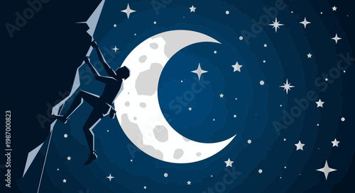 Silhouette Climber Ascends Craggy Peak Under a Celestial Crescent Moonscape