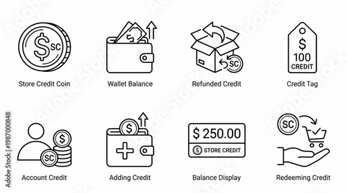Financial icons depicting store credit, wallet balance, and transactions.