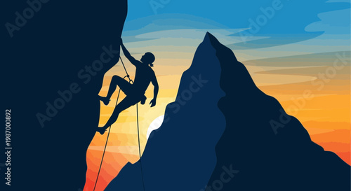 Silhouette Climber Ascends Majestic Mountain Peak During Vivid Sunset Adventure