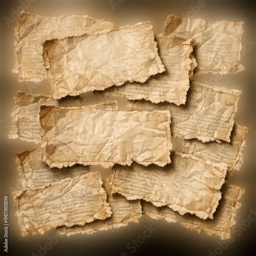 Torn vintage newspaper fragments on matte black background, high-contrast archival flat lay with aged paper texture and layered investigative noir mood

