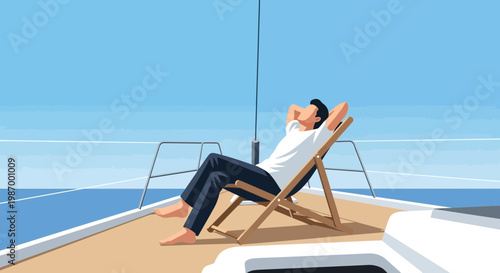 Serene Man Relaxing On Yacht Deck Under Clear Blue Sky