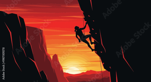 Silhouette Climber Ascends Rocky Crag Against Fiery Sunset Sky