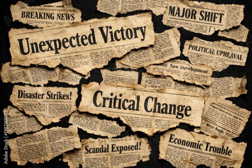 Torn vintage newspaper fragments on matte black background, high-contrast archival flat lay with aged paper texture and layered investigative noir mood

