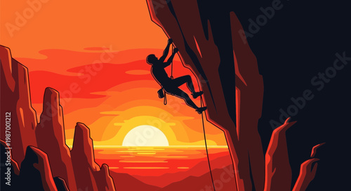 Silhouette Climber Ascends Rugged Cliff Face Against Fiery Sunset Sky