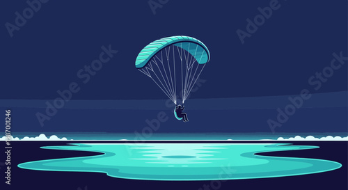 Serene Paraglider Descending Over Turquoise Water At Dusk