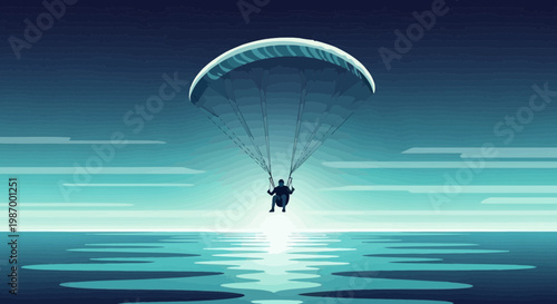 Serene Paraglider Descends Over Calm Ocean Waters